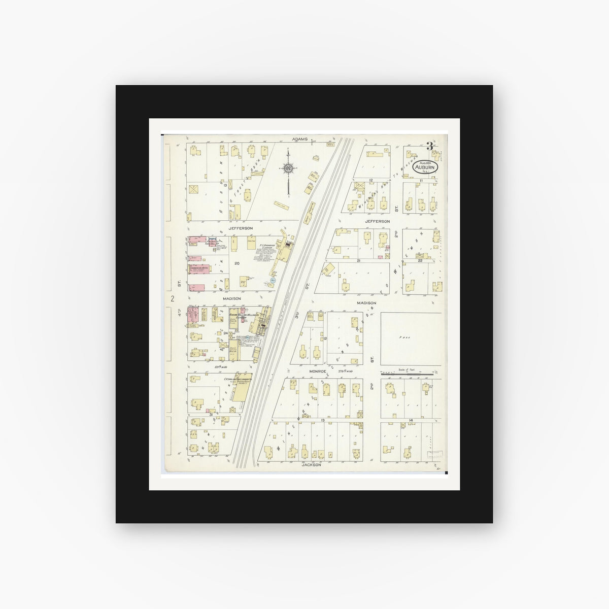 Old map wall art mockup — black gallery frame with white mat — Sanborn Fire Insurance Map from Auburn, Sangamon County, Illinois (1914), Sheet #0003