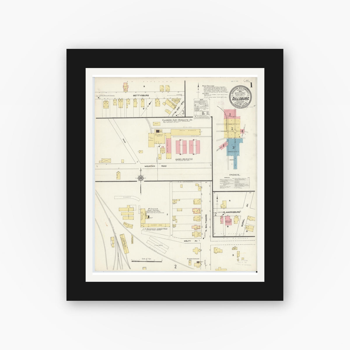 Old map wall art mockup — black gallery frame with white mat — Sanborn Fire Insurance Map from Dillsburg, York County, Pennsylvania (1911) - Complete Map Set
