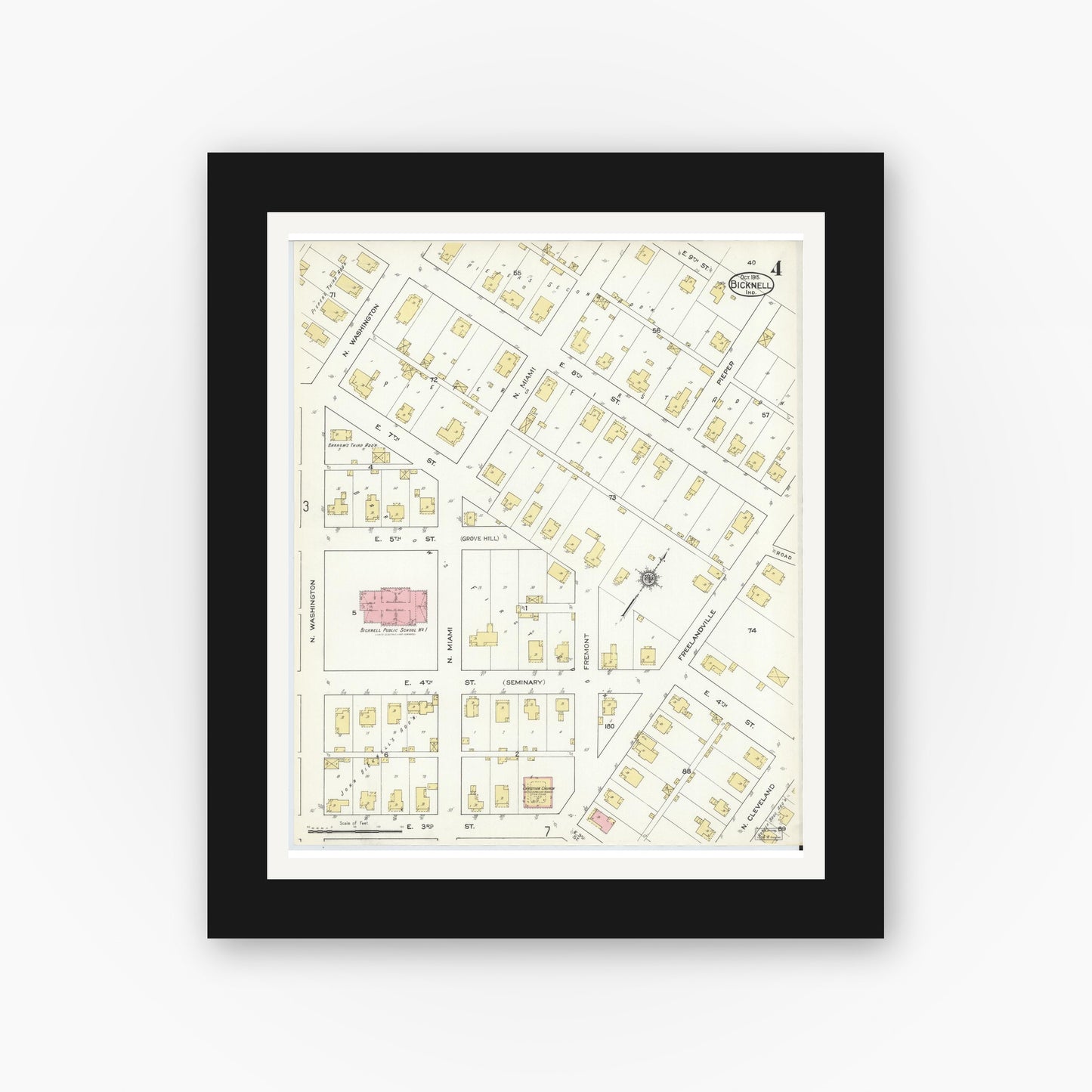 Old map wall art mockup — black gallery frame with white mat — Sanborn Fire Insurance Map from Bicknell, Knox County, Indiana (1915), Sheet #0004