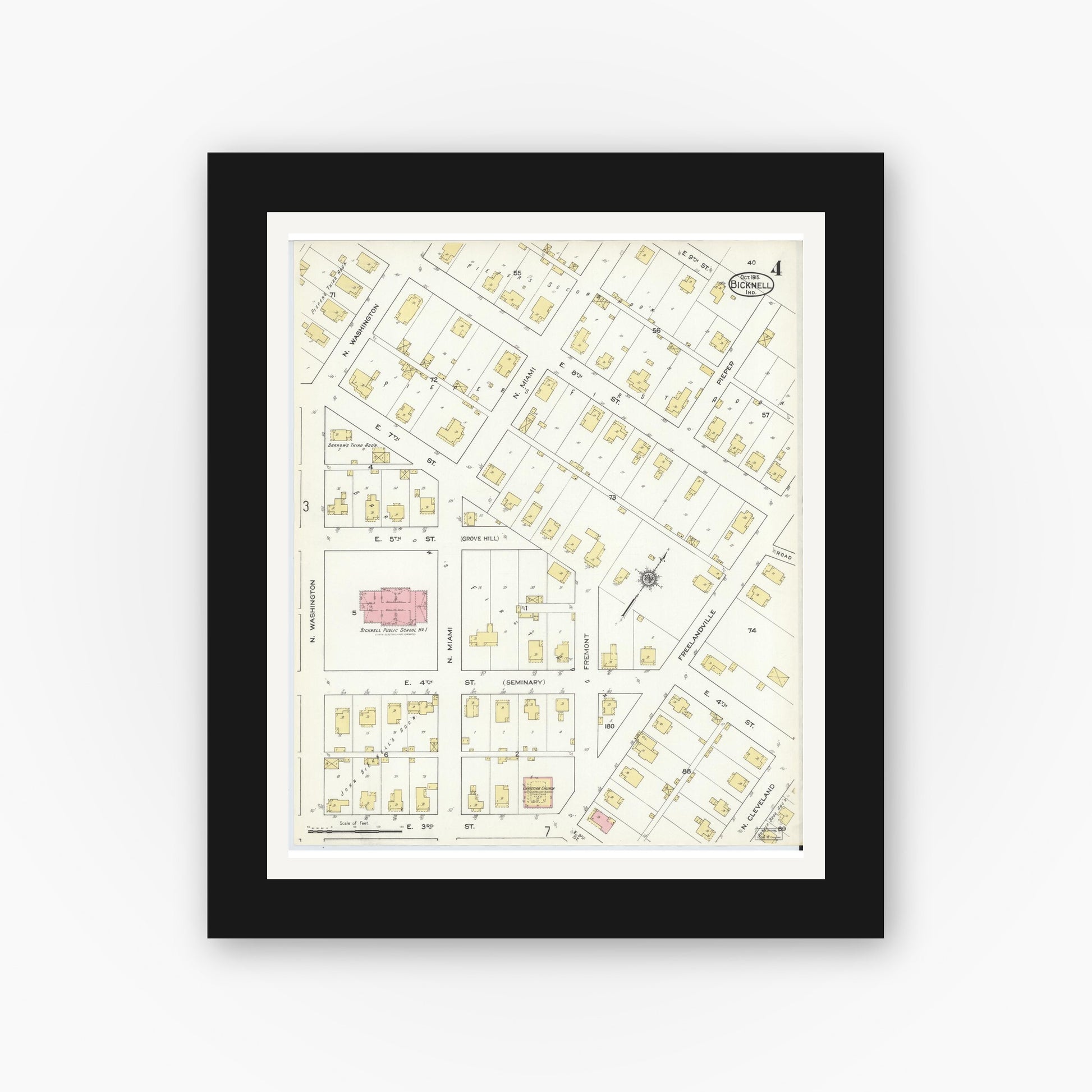 Old map wall art mockup — black gallery frame with white mat — Sanborn Fire Insurance Map from Bicknell, Knox County, Indiana (1915), Sheet #0004