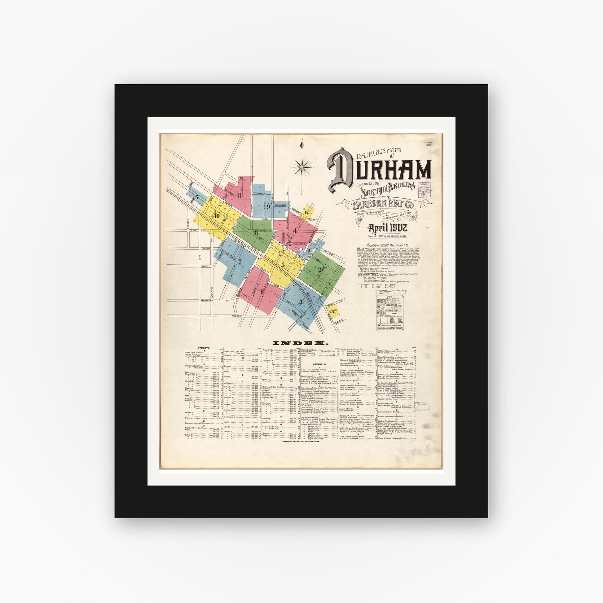 Old map wall art mockup — black gallery frame with white mat — Sanborn Fire Insurance Map from Durham, Durham County, North Carolina (1902), Sheet #0001