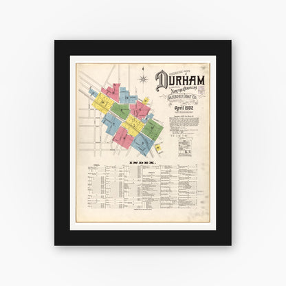 Old map wall art mockup — black gallery frame with white mat — Sanborn Fire Insurance Map from Durham, Durham County, North Carolina (1902), Sheet #0001