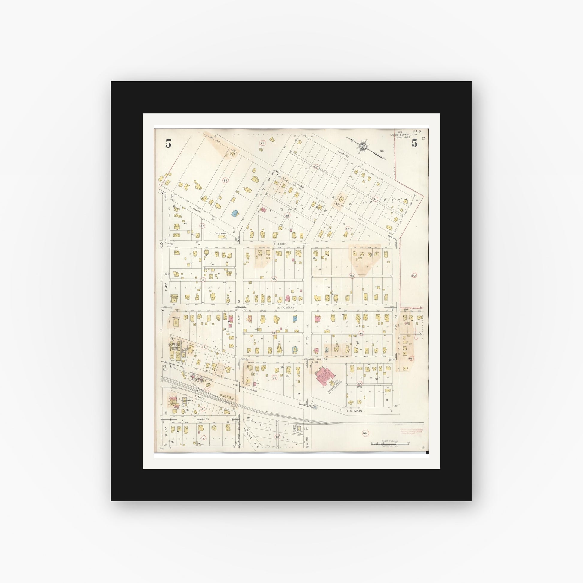 Old map wall art mockup — black gallery frame with white mat — Sanborn Fire Insurance Map from Lee's Summit, Jackson County, Missouri (1945), Sheet #0005