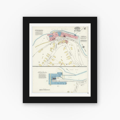 Old map wall art mockup — black gallery frame with white mat — Sanborn Fire Insurance Map from Carthage, Jefferson County, New York (1915), Sheet #0017