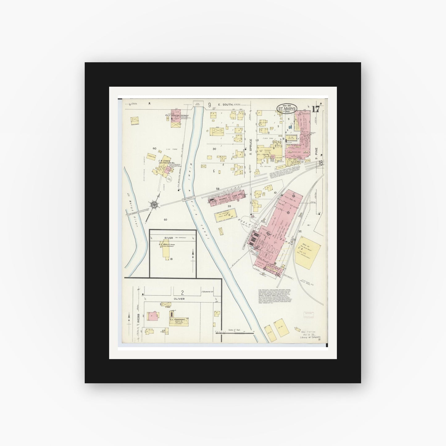 Old map wall art mockup — black gallery frame with white mat — Sanborn Fire Insurance Map from Saint Marys, Auglaize County, Ohio (1914), Sheet #0017