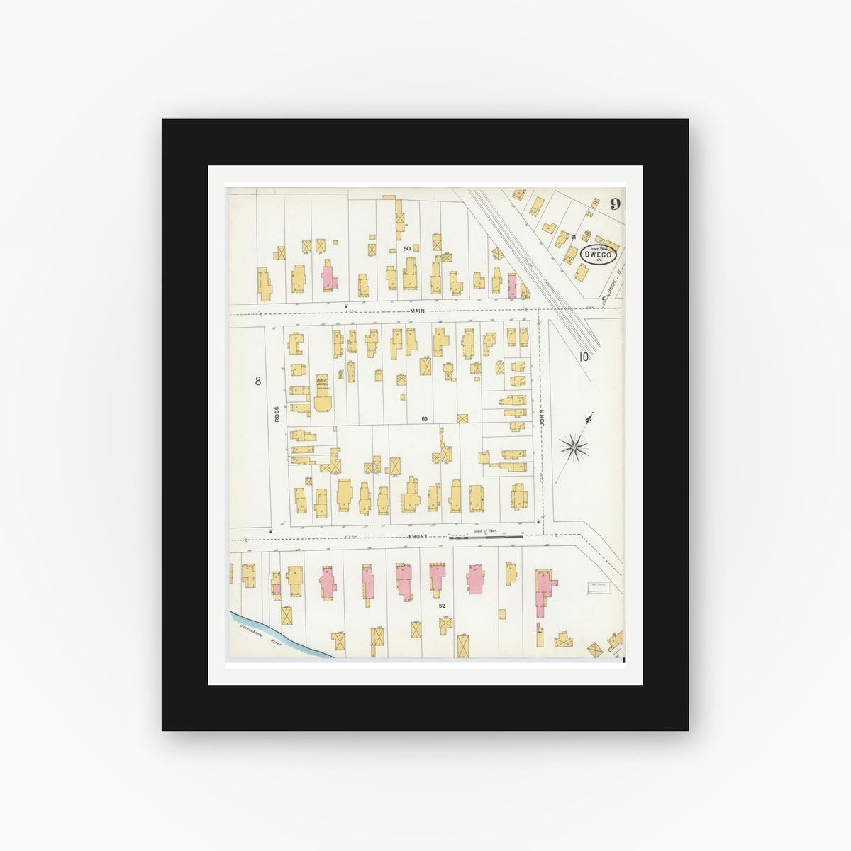 Old map wall art mockup — black gallery frame with white mat — Sanborn Fire Insurance Map from Owego, Tioga County, New York (1904), Sheet #0009