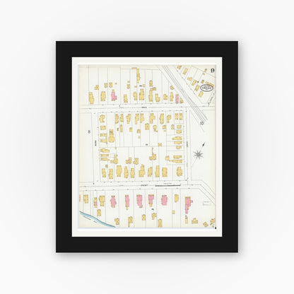Old map wall art mockup — black gallery frame with white mat — Sanborn Fire Insurance Map from Owego, Tioga County, New York (1904), Sheet #0009