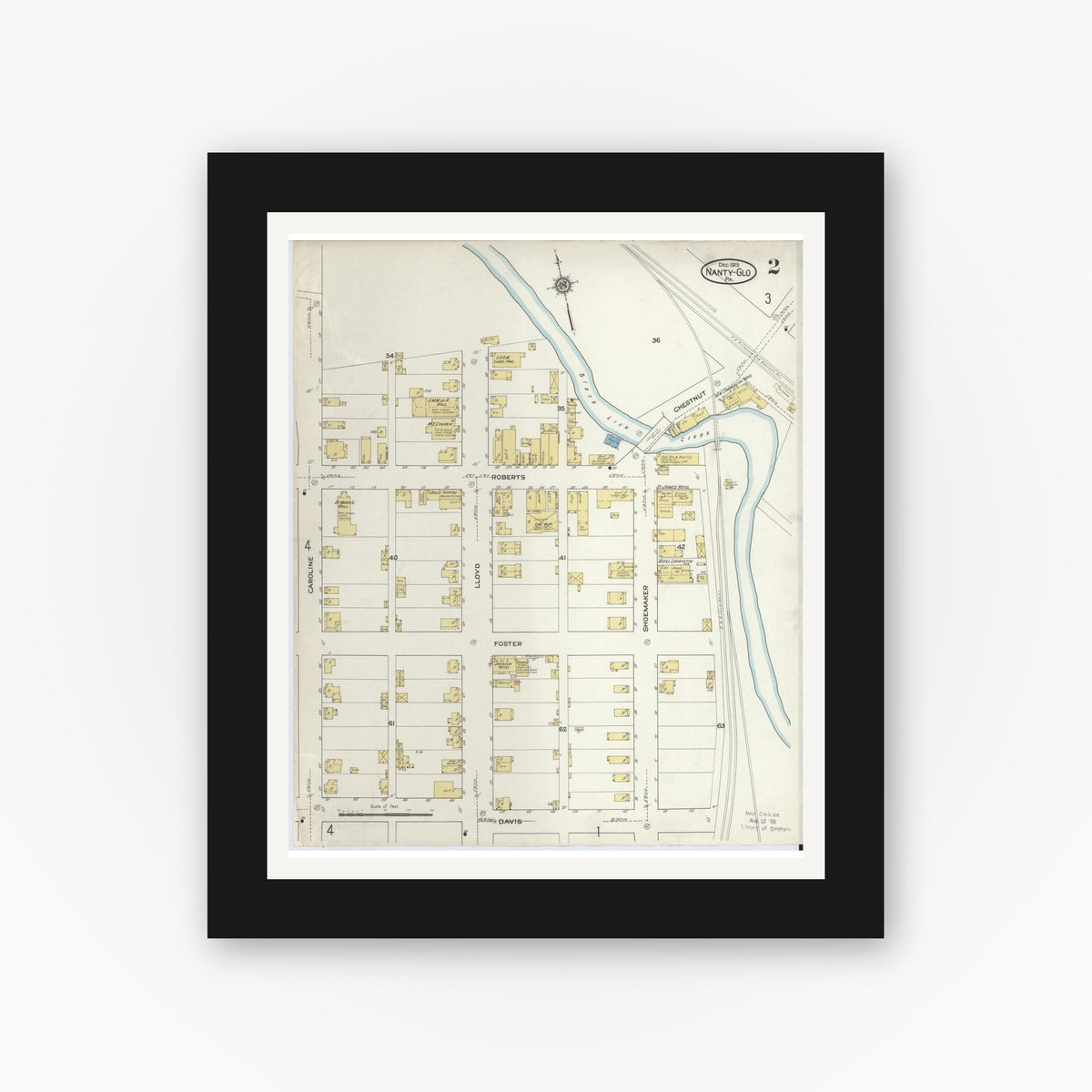Old map wall art mockup — black gallery frame with white mat — Sanborn Fire Insurance Map from Nanty-Glo, Cambria County, Pennsylvania (1915), Sheet #0002