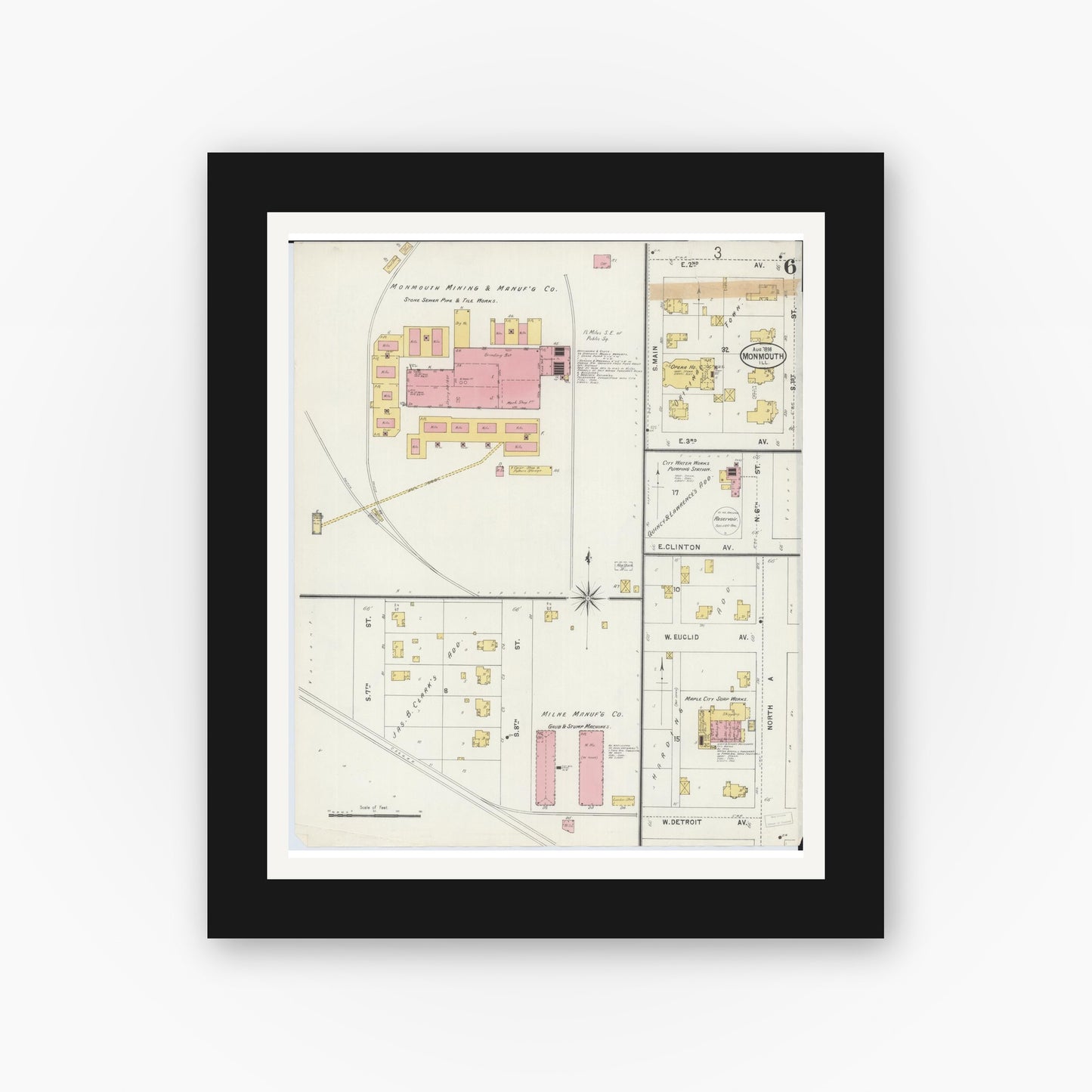 Old map wall art mockup — black gallery frame with white mat — Sanborn Fire Insurance Map from Monmouth, Warren County, Illinois (1898), Sheet #0006