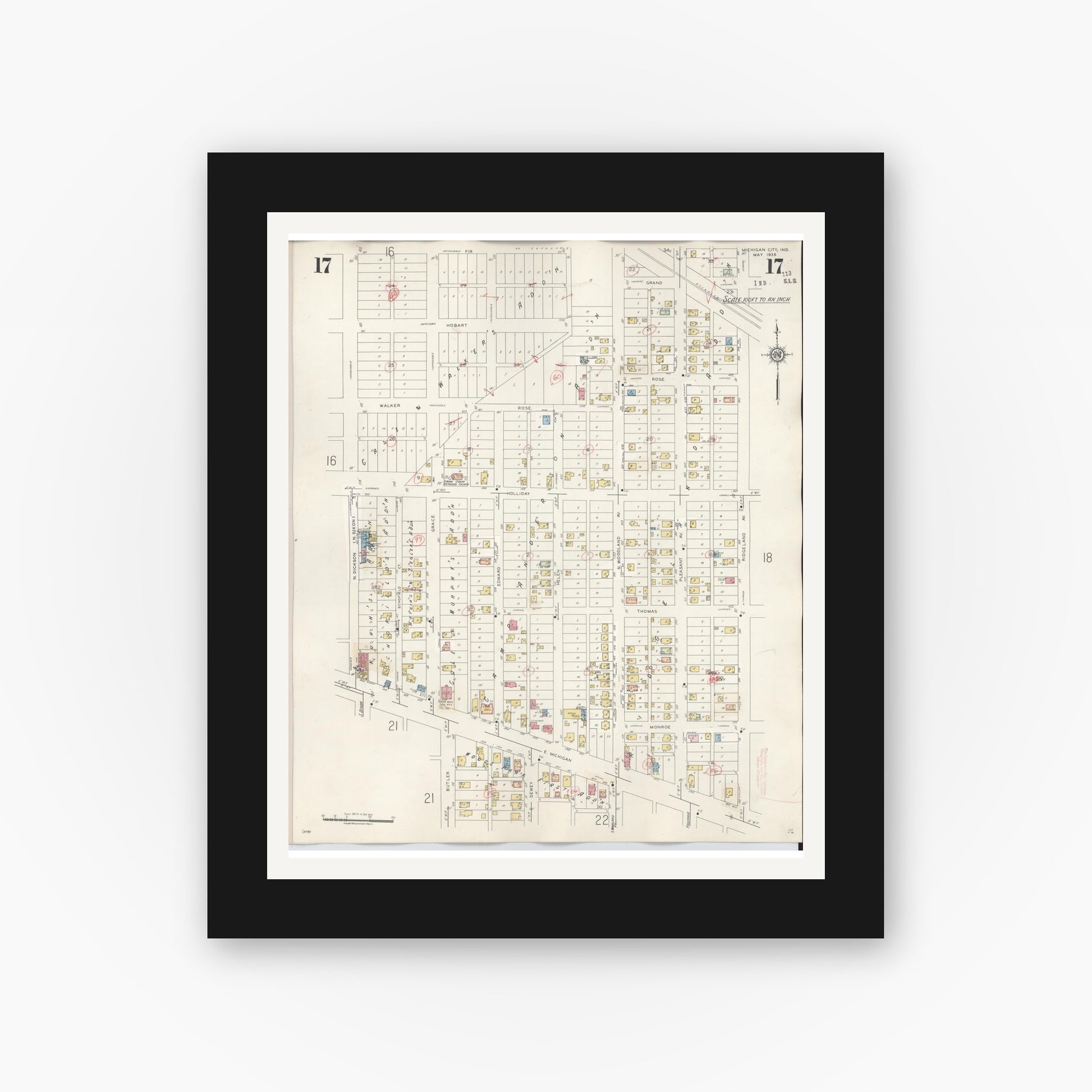Old map wall art mockup — black gallery frame with white mat — Sanborn Fire Insurance Map from Michigan City, La Porte County, Indiana (1948), Sheet #0017