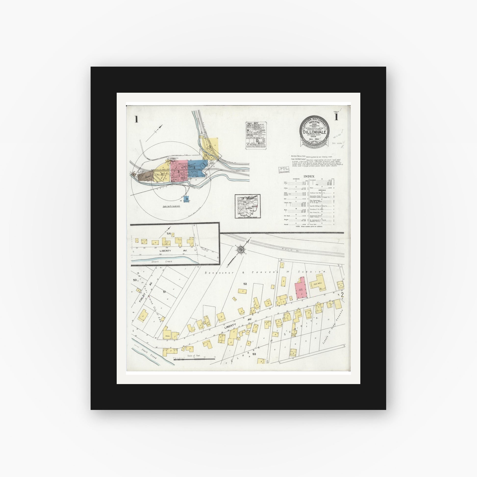 Old map wall art mockup — black gallery frame with white mat — Sanborn Fire Insurance Map from Dillonvale, Jefferson County, Ohio (1924), Sheet #0001