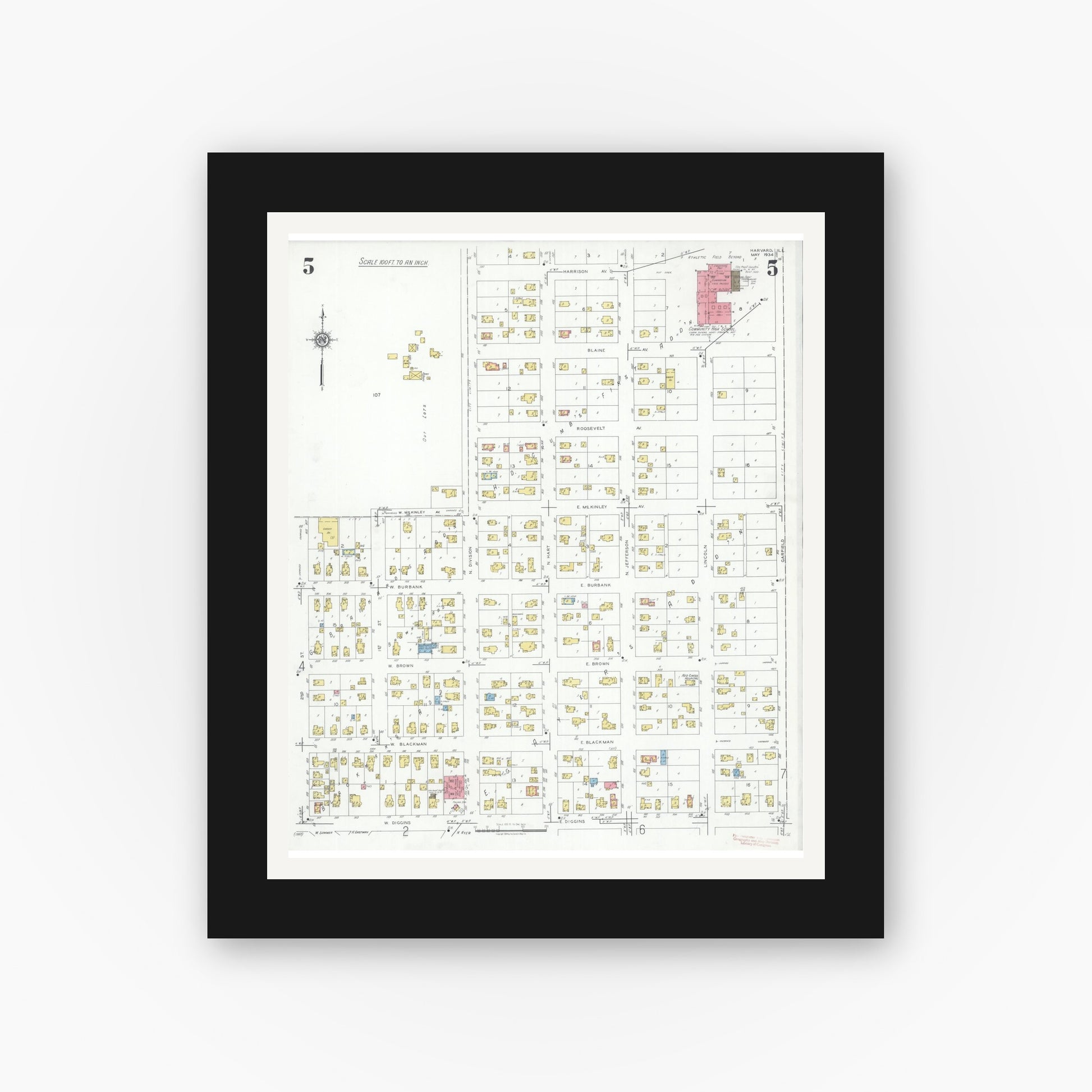 Old map wall art mockup — black gallery frame with white mat — Sanborn Fire Insurance Map from Harvard, McHenry County, Illinois (1934), Sheet #0005