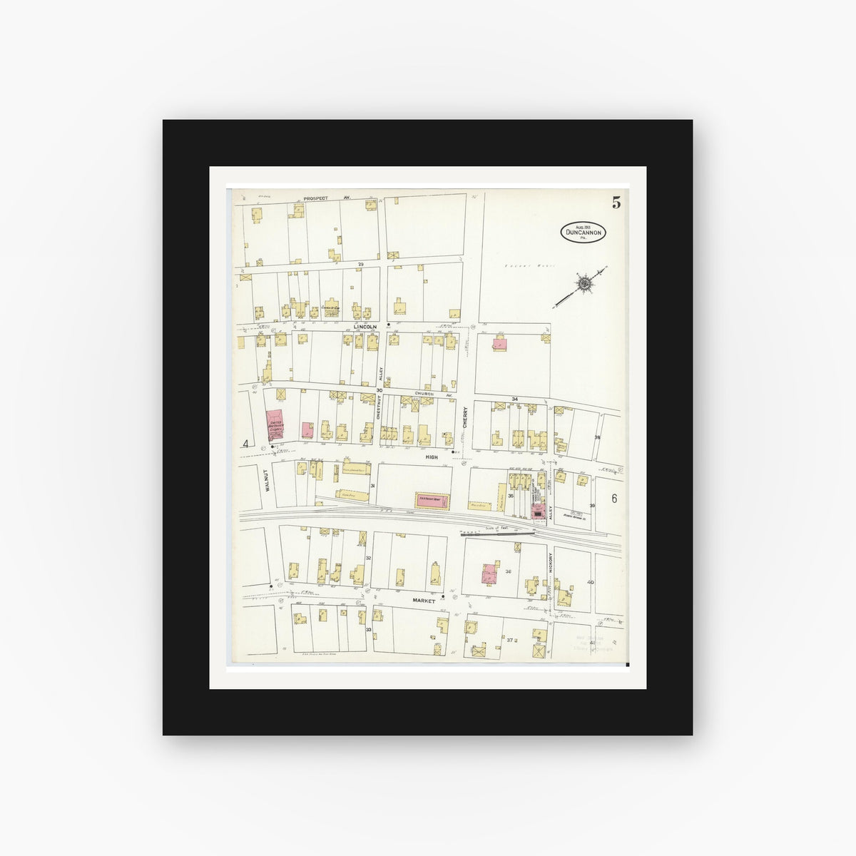 Old map wall art mockup — black gallery frame with white mat — Sanborn Fire Insurance Map from Duncannon, Perry County, Pennsylvania (1911), Sheet #0005