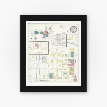 Old map wall art mockup — black gallery frame with white mat — Sanborn Fire Insurance Map from Fredericktown, Madison County, Missouri (1908), Sheet #0001
