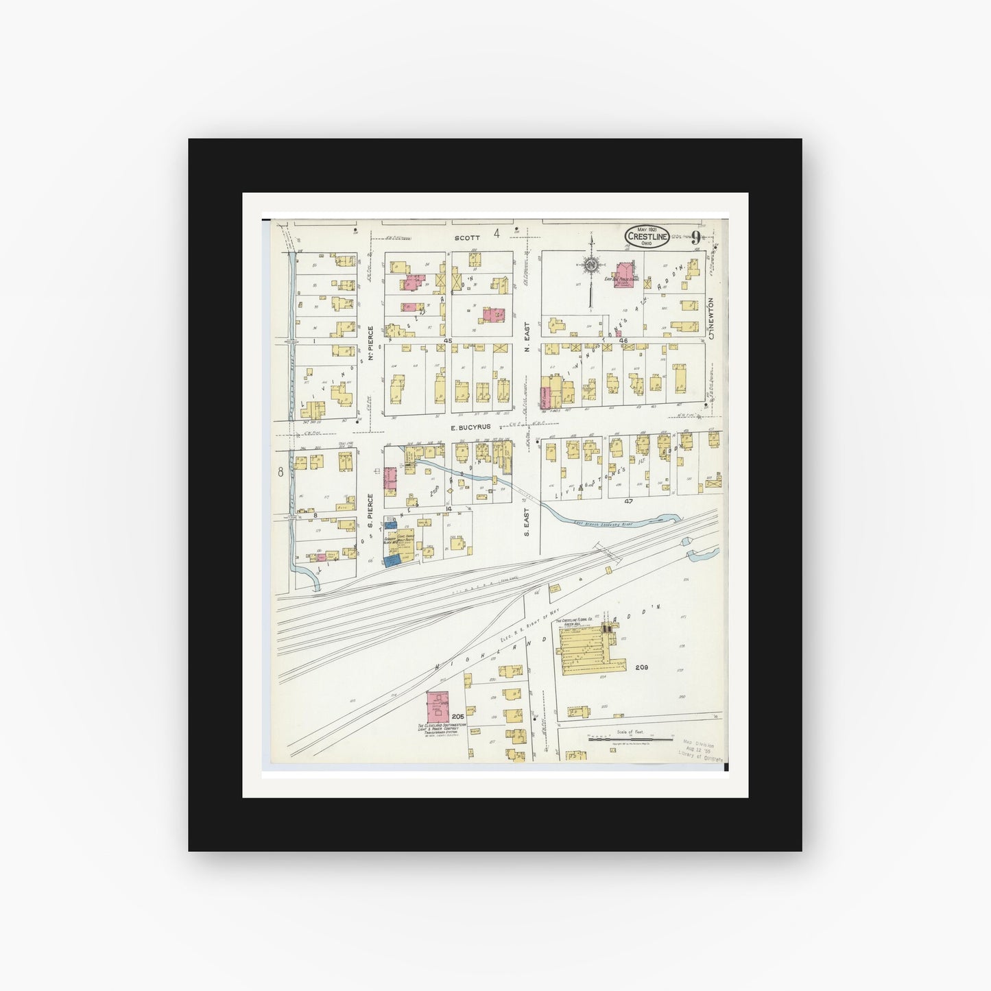 Old map wall art mockup — black gallery frame with white mat — Sanborn Fire Insurance Map from Crestline, Crawford County, Ohio (1921), Sheet #0009