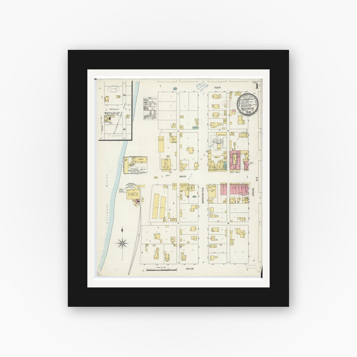 Old map wall art mockup — black gallery frame with white mat — Sanborn Fire Insurance Map from Meredosia, Morgan County, Illinois (1898), Sheet #0001