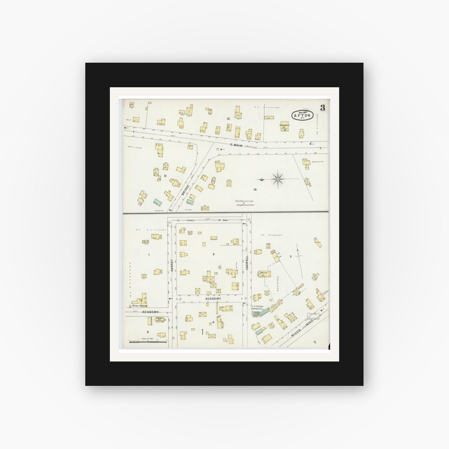 Old map wall art mockup — black gallery frame with white mat — Sanborn Fire Insurance Map from Afton, Chenango County, New York (1897), Sheet #0003