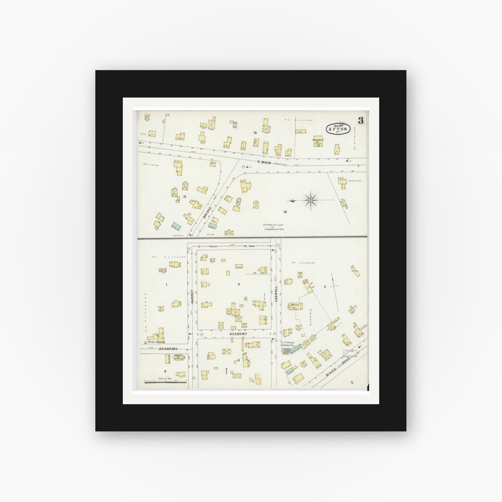 Old map wall art mockup — black gallery frame with white mat — Sanborn Fire Insurance Map from Afton, Chenango County, New York (1897), Sheet #0003