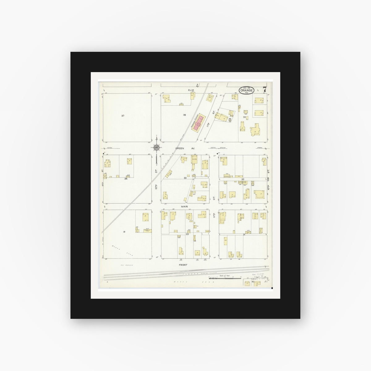 Old map wall art mockup — black gallery frame with white mat — Sanborn Fire Insurance Map from Orange, Orange County, Texas (1914), Sheet #0007