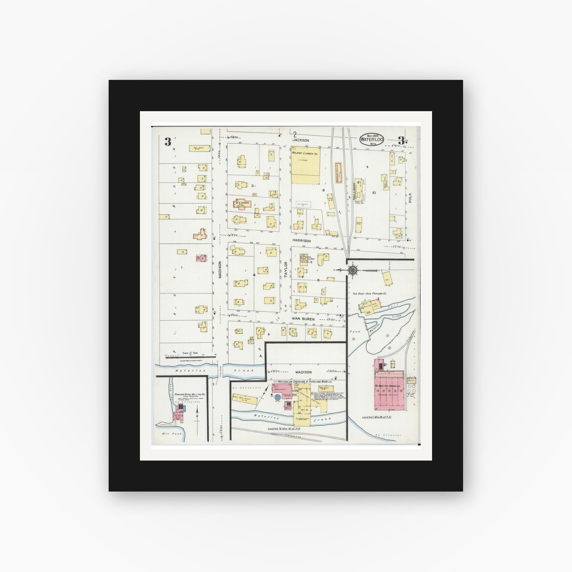 Old map wall art mockup — black gallery frame with white mat — Sanborn Fire Insurance Map from Waterloo, Jefferson County, Wisconsin (1924), Sheet #0003