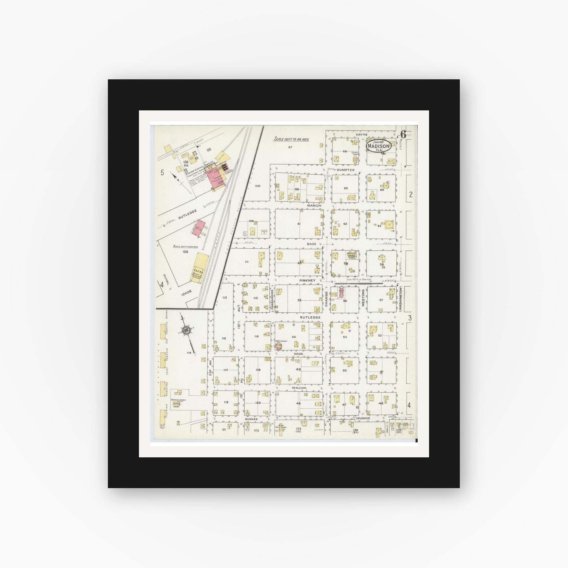 Old map wall art mockup — black gallery frame with white mat — Sanborn Fire Insurance Map from Madison, Madison County, Florida (1917), Sheet #0006