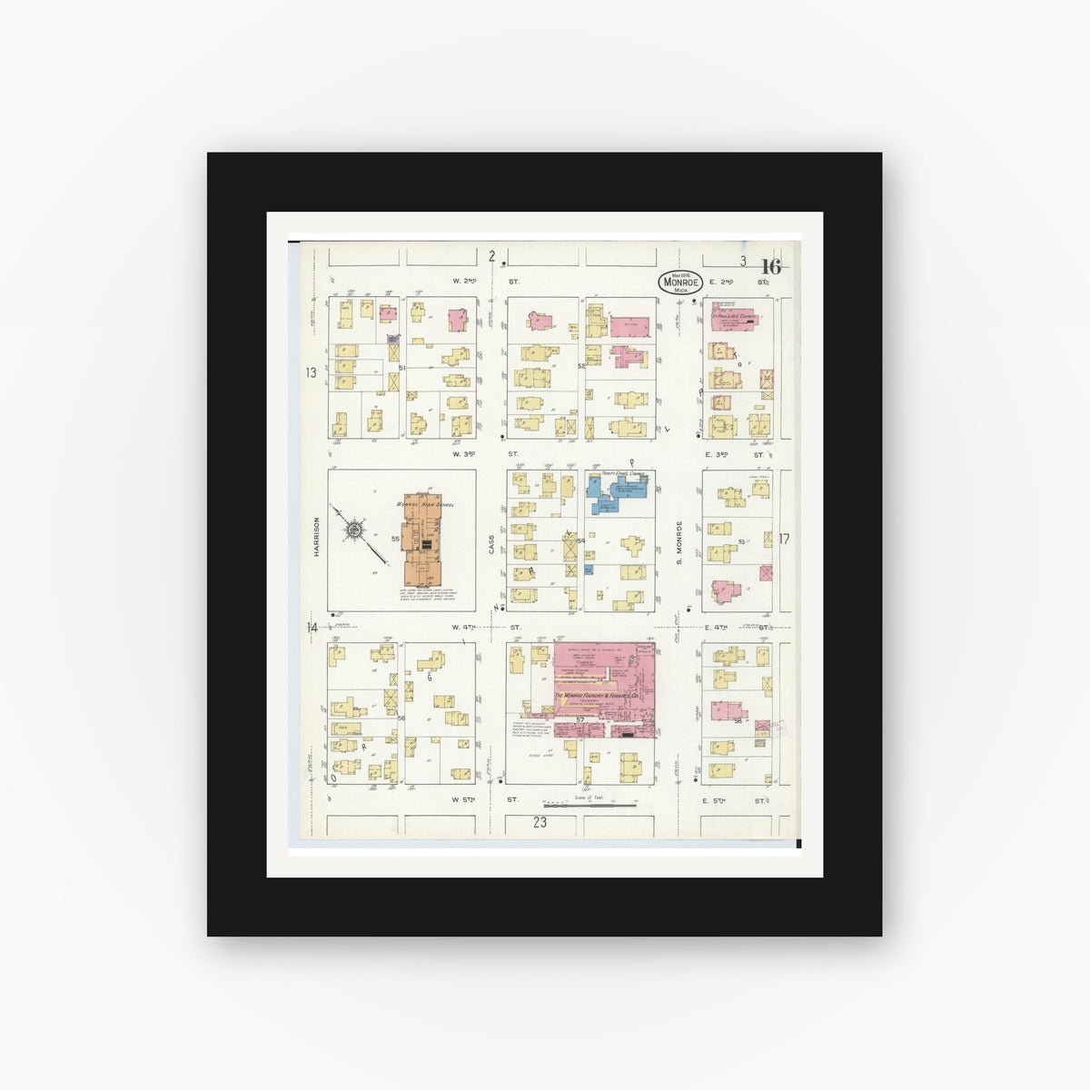 Old map wall art mockup — black gallery frame with white mat — Sanborn Fire Insurance Map from Monroe, Monroe County, Michigan (1916), Sheet #0016