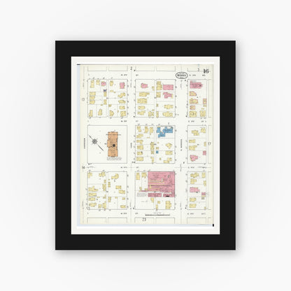 Old map wall art mockup — black gallery frame with white mat — Sanborn Fire Insurance Map from Monroe, Monroe County, Michigan (1916), Sheet #0016