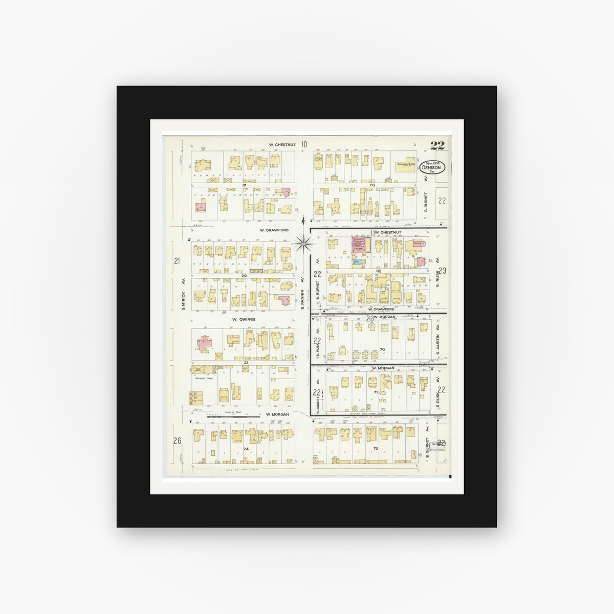 Old map wall art mockup — black gallery frame with white mat — Sanborn Fire Insurance Map from Denison, Grayson County, Texas (1908), Sheet #0022