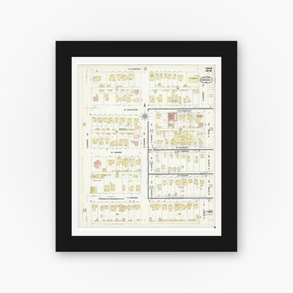 Old map wall art mockup — black gallery frame with white mat — Sanborn Fire Insurance Map from Denison, Grayson County, Texas (1908), Sheet #0022