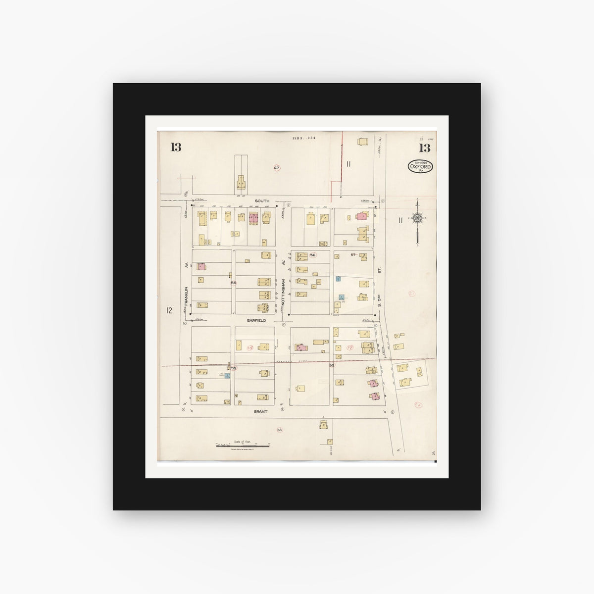 Old map wall art mockup — black gallery frame with white mat — Sanborn Fire Insurance Map from Oxford, Chester County, Pennsylvania (1940), Sheet #0013