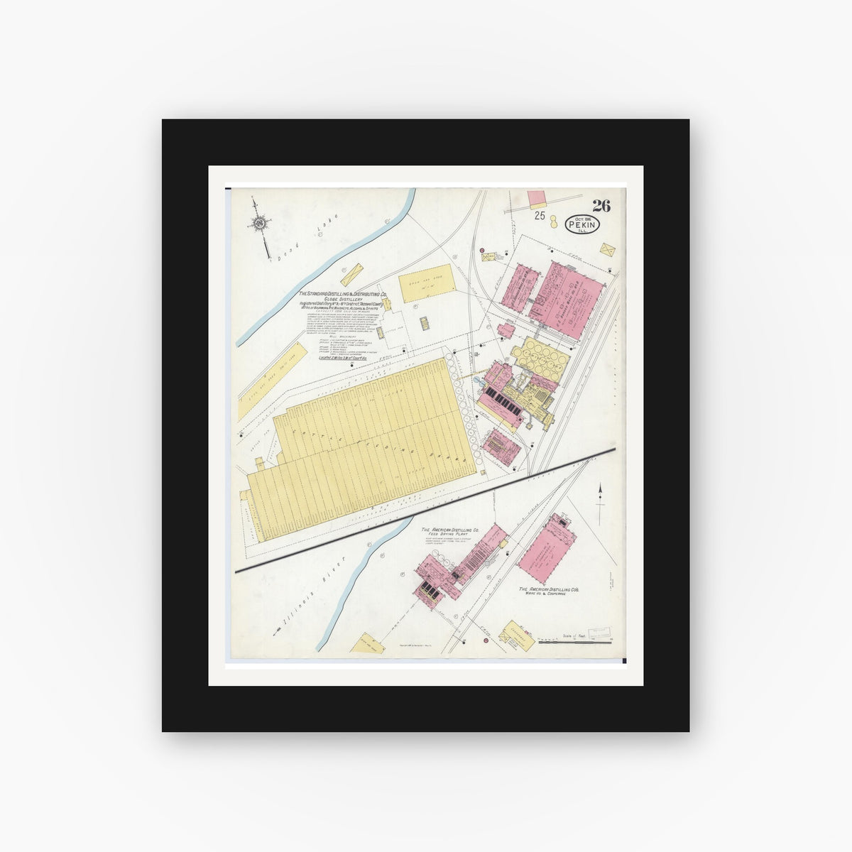 Old map wall art mockup — black gallery frame with white mat — Sanborn Fire Insurance Map from Pekin, Tazewell County, Illinois (1916), Sheet #0026