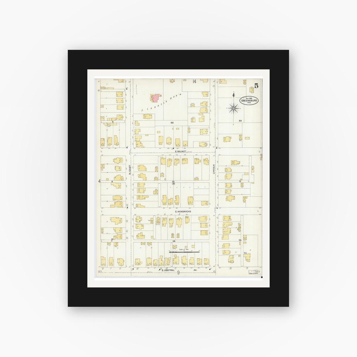 Old map wall art mockup — black gallery frame with white mat — Sanborn Fire Insurance Map from Greensburg, Decatur County, Indiana (1906), Sheet #0005