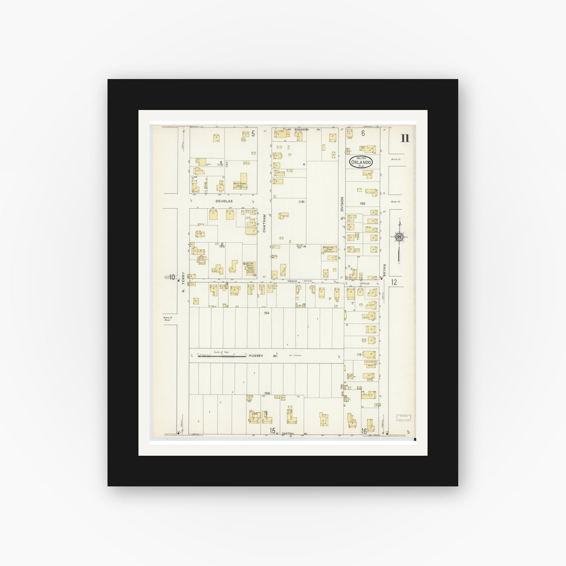 Old map wall art mockup — black gallery frame with white mat — Sanborn Fire Insurance Map from Orlando, Orange County, Florida (1913), Sheet #0011