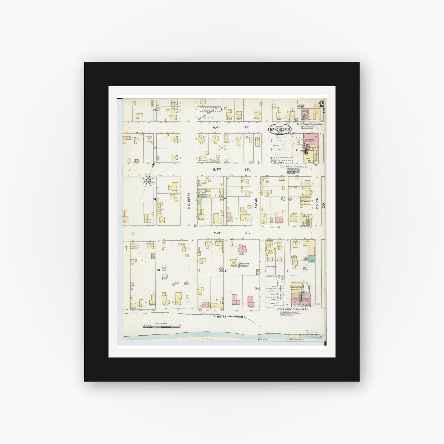 Old map wall art mockup — black gallery frame with white mat — Sanborn Fire Insurance Map from Manchester, Adams County, Ohio (1897), Sheet #0002