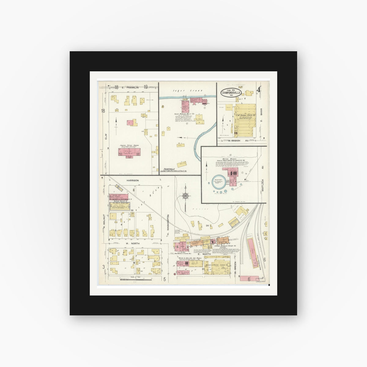 Old map wall art mockup — black gallery frame with white mat — Sanborn Fire Insurance Map from Crawfordsville, Montgomery County, Indiana (1913), Sheet #0004