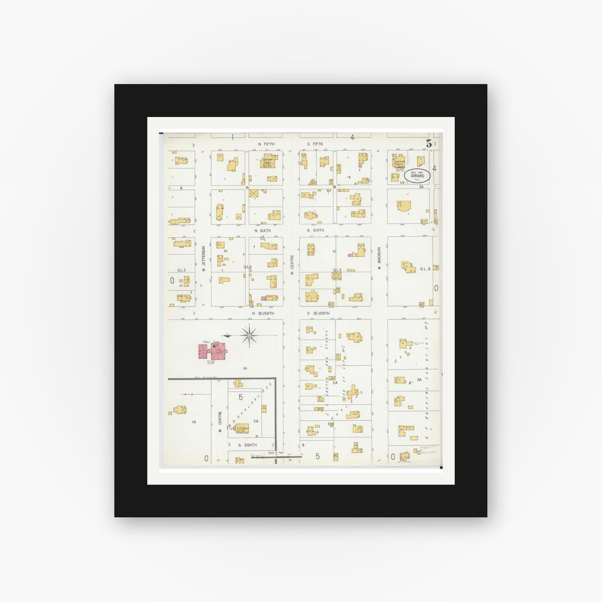 Old map wall art mockup — black gallery frame with white mat — Sanborn Fire Insurance Map from Girard, Macoupin County, Illinois (1906), Sheet #0005