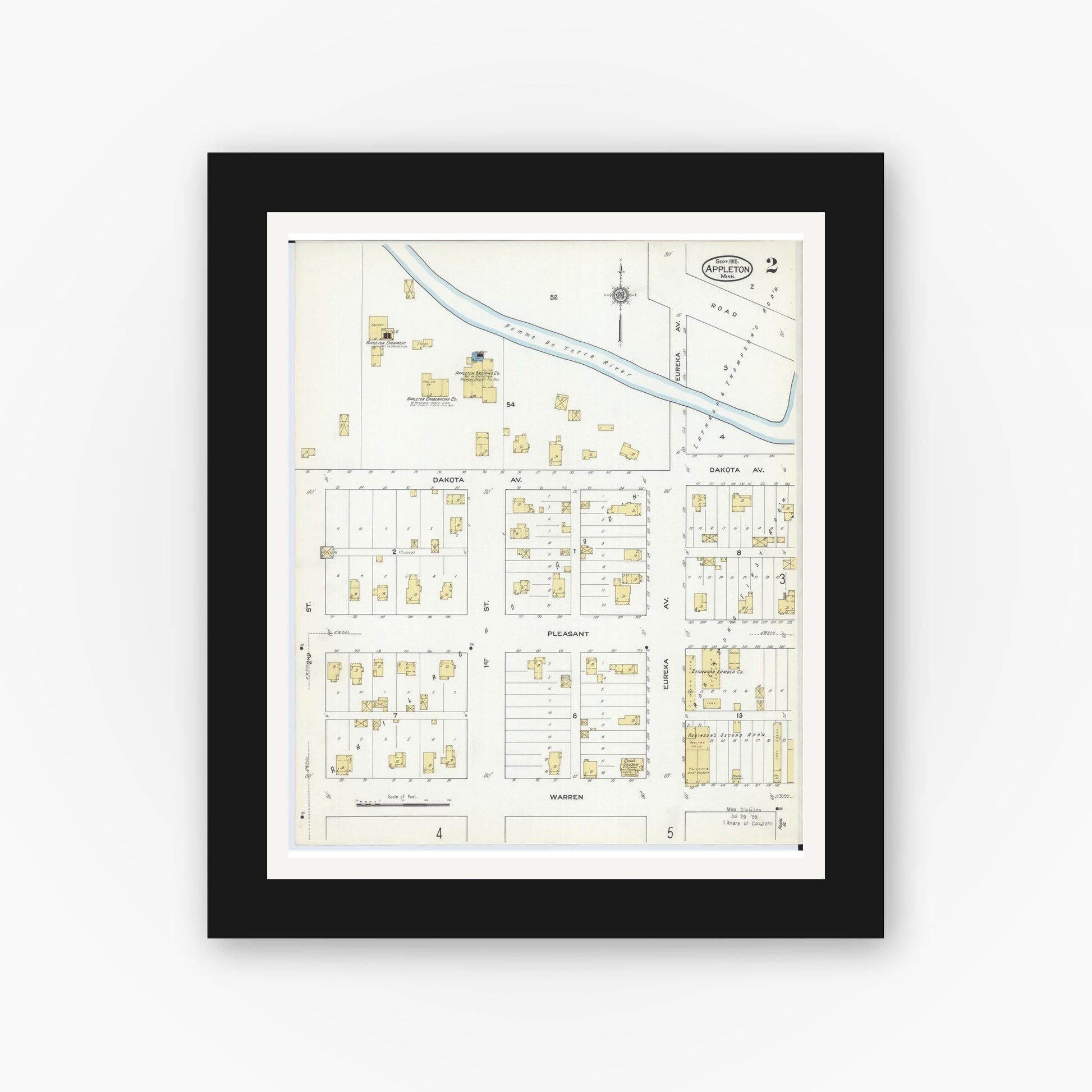 Old map wall art mockup — black gallery frame with white mat — Sanborn Fire Insurance Map from Appleton, Swift County, Minnesota (1915), Sheet #0002