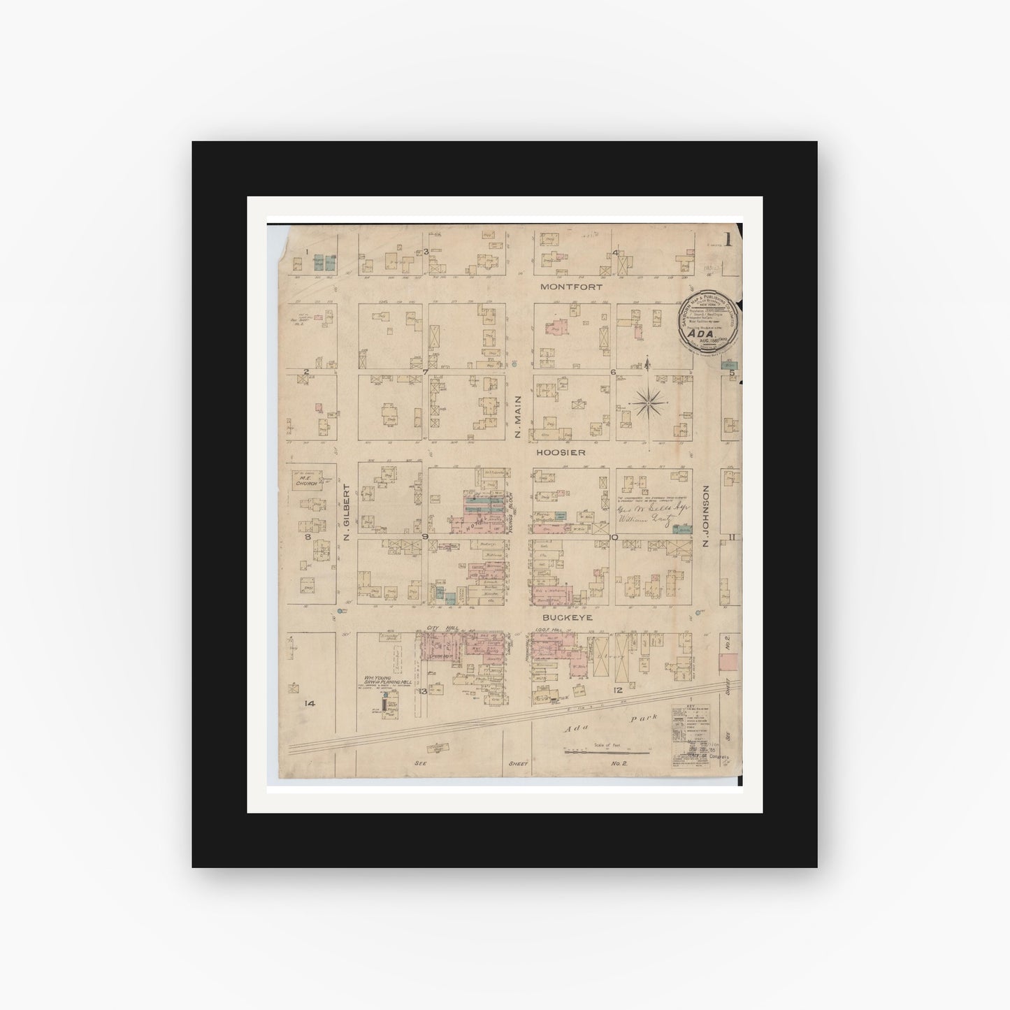 Old map wall art mockup — black gallery frame with white mat — Sanborn Fire Insurance Map from Ada, Hardin County, Ohio (1885) - Complete Map Set