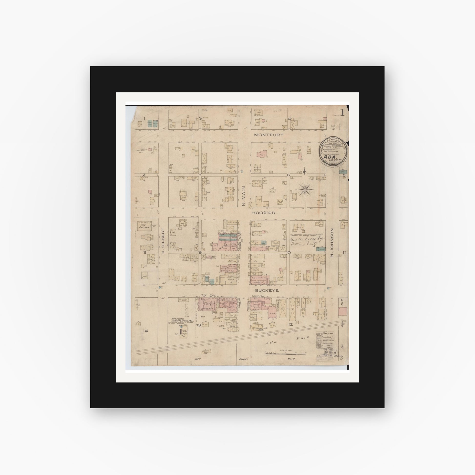 Old map wall art mockup — black gallery frame with white mat — Sanborn Fire Insurance Map from Ada, Hardin County, Ohio (1885) - Complete Map Set
