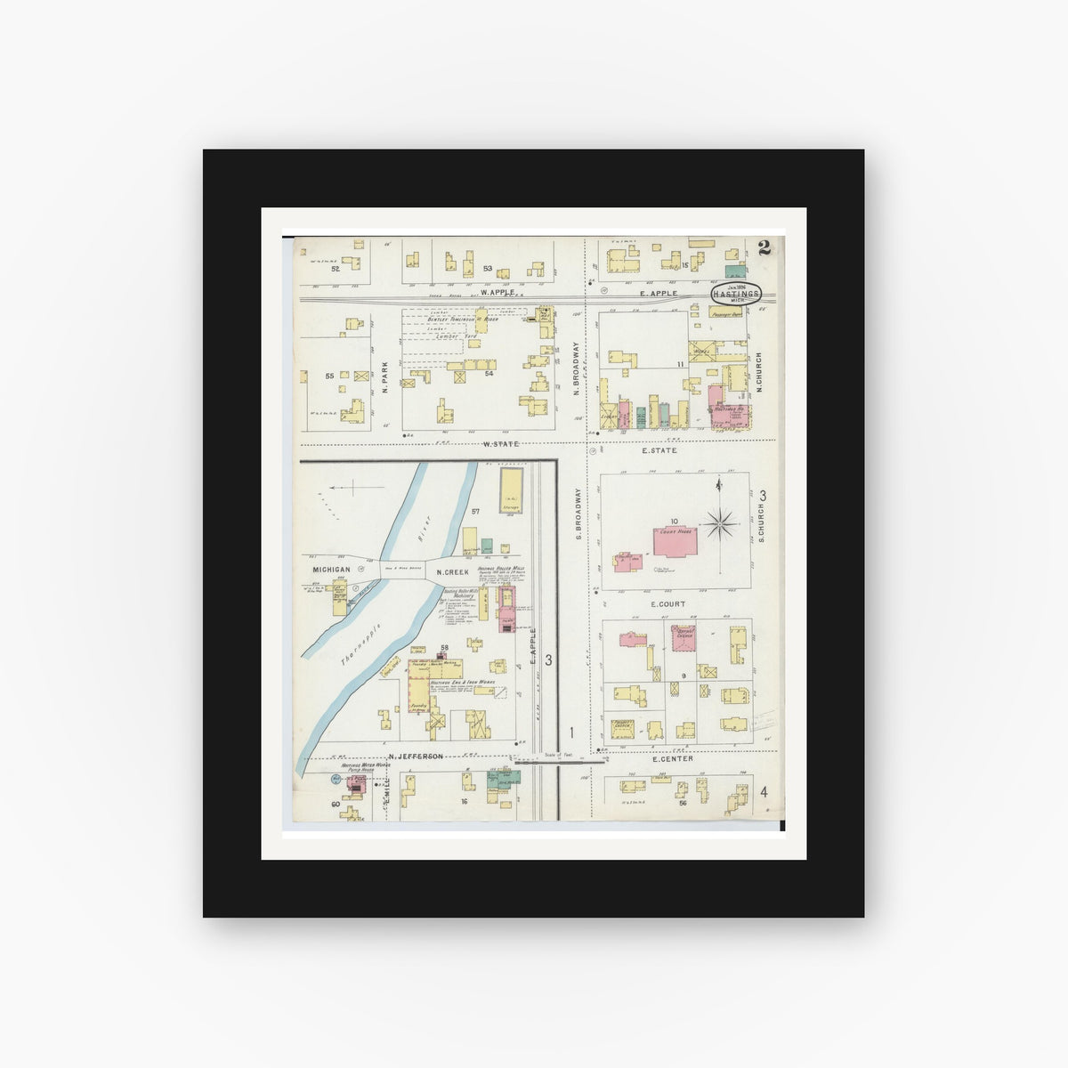 Old map wall art mockup — black gallery frame with white mat — Sanborn Fire Insurance Map from Hastings, Barry County, Michigan (1896), Sheet #0002