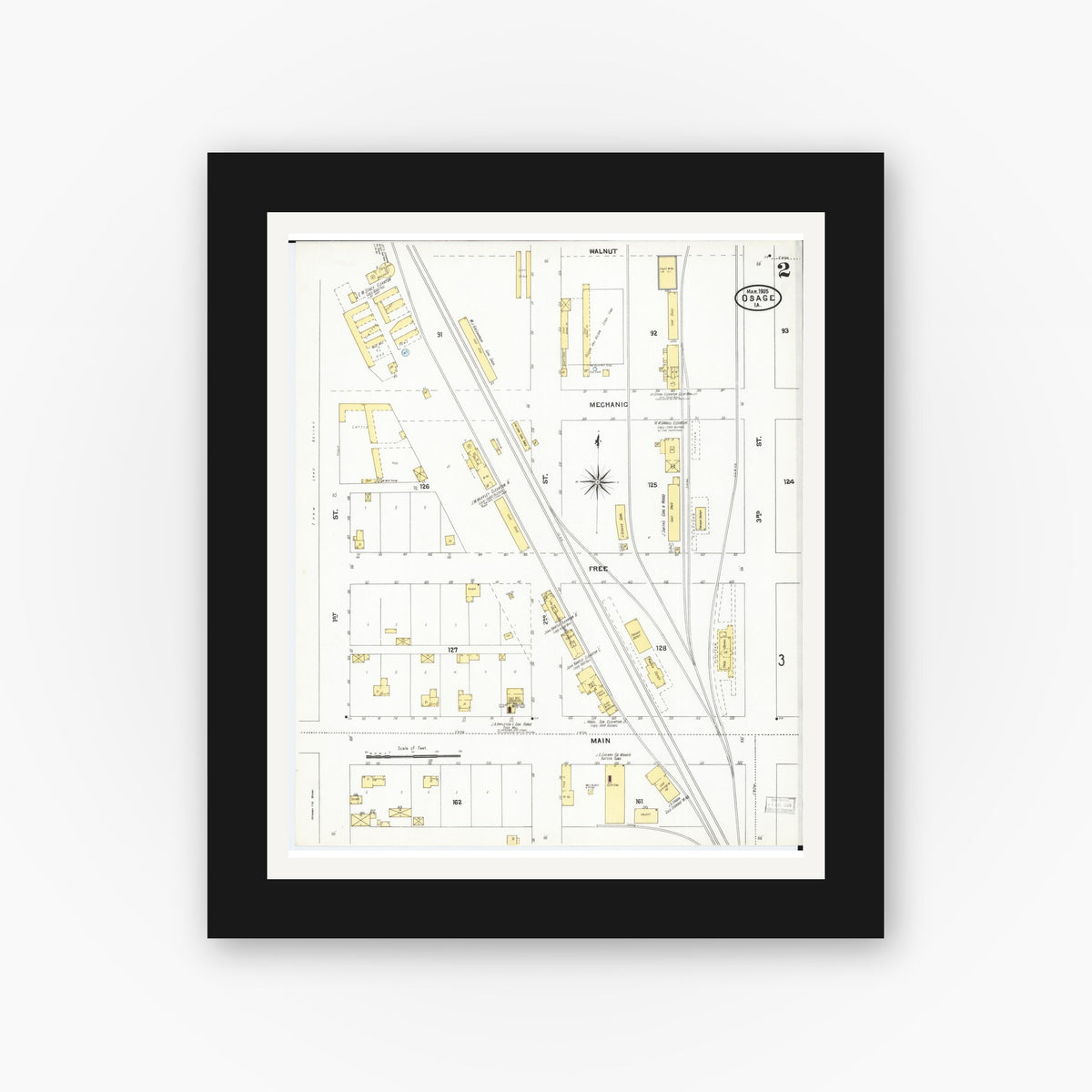 Old map wall art mockup — black gallery frame with white mat — Sanborn Fire Insurance Map from Osage, Mitchell County, Iowa (1905), Sheet #0002