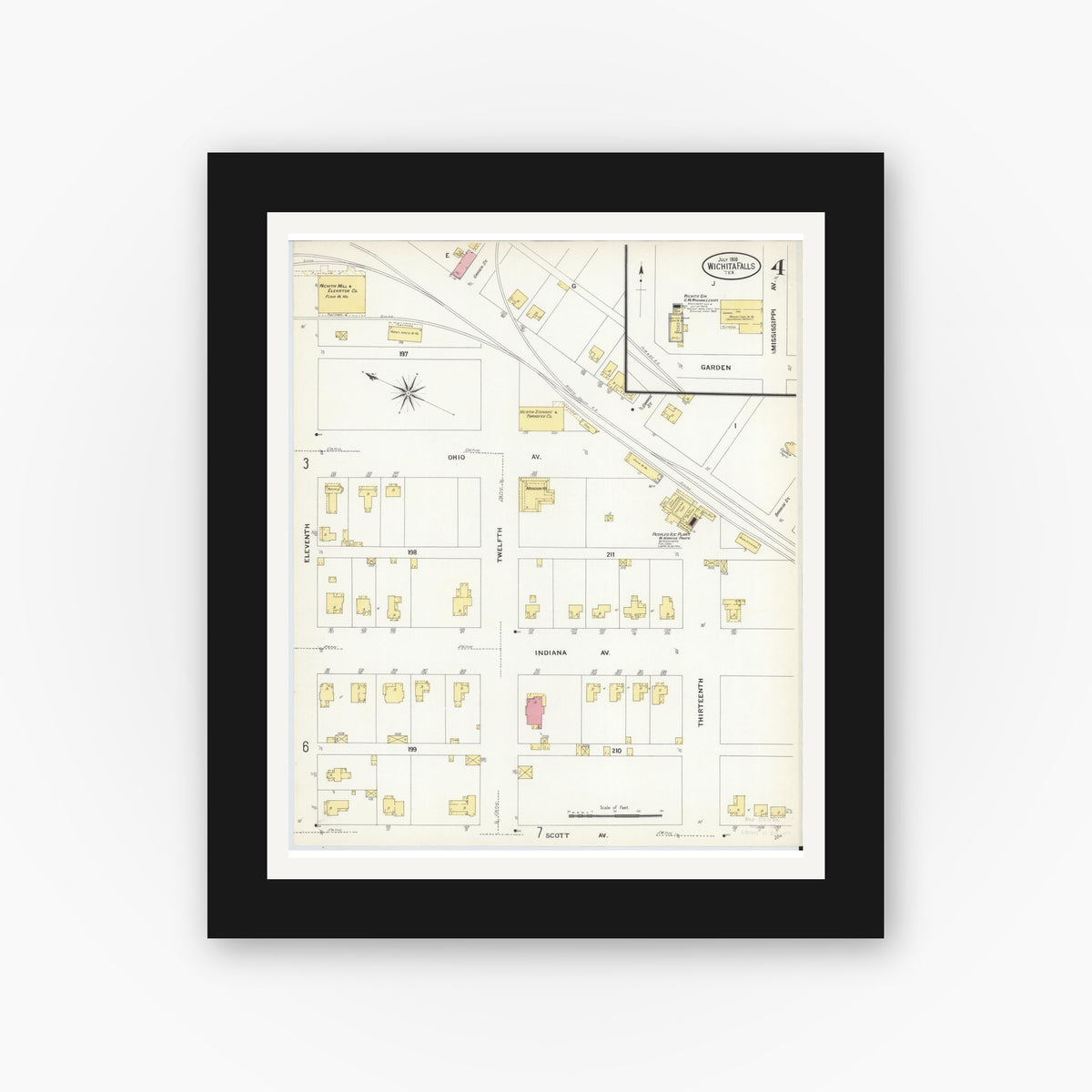Old map wall art mockup — black gallery frame with white mat — Sanborn Fire Insurance Map from Wichita Falls, Wichita County, Texas (1908), Sheet #0004