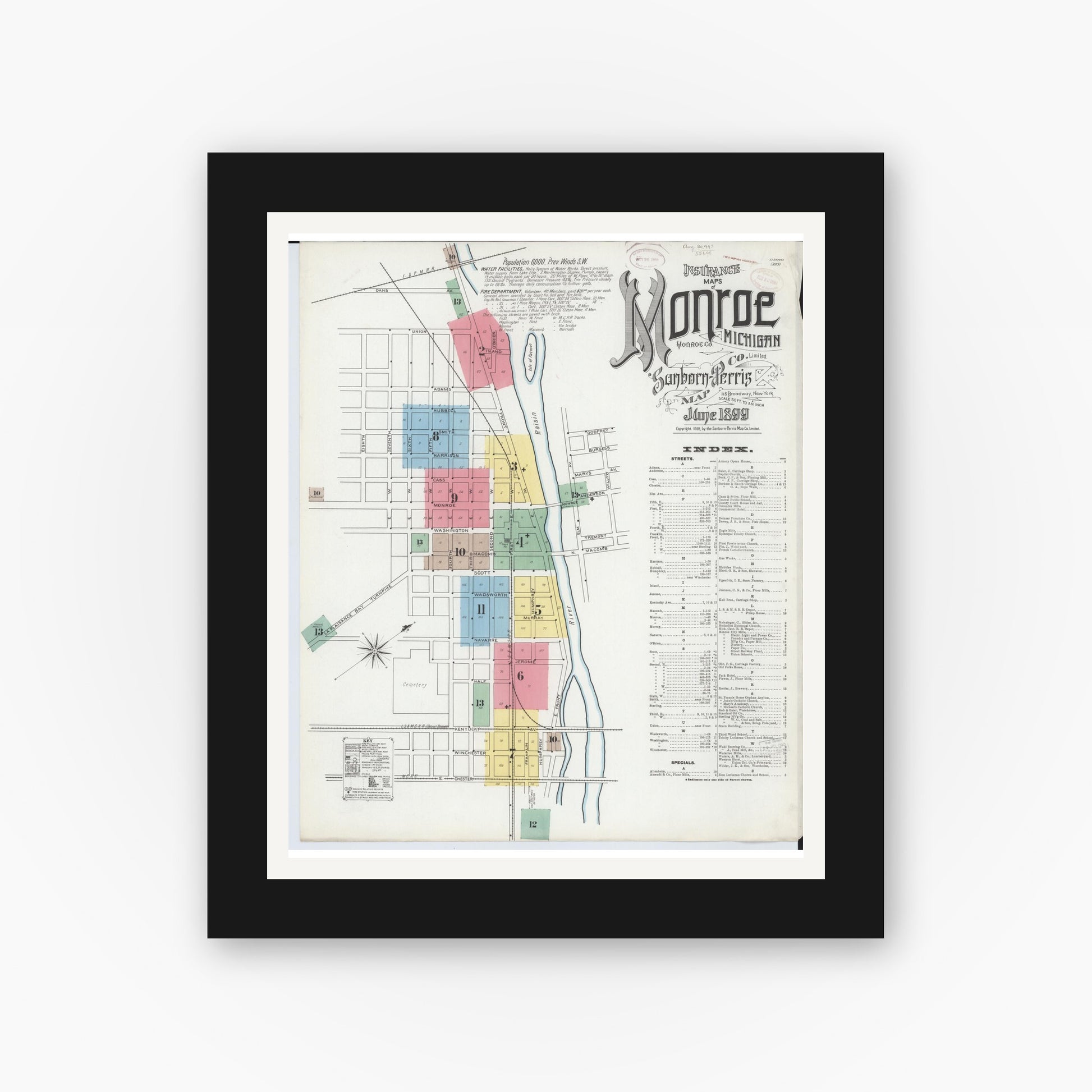 Old map wall art mockup — black gallery frame with white mat — Sanborn Fire Insurance Map from Monroe, Monroe County, Michigan (1899), Sheet #0001