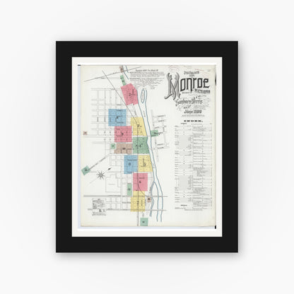 Old map wall art mockup — black gallery frame with white mat — Sanborn Fire Insurance Map from Monroe, Monroe County, Michigan (1899), Sheet #0001