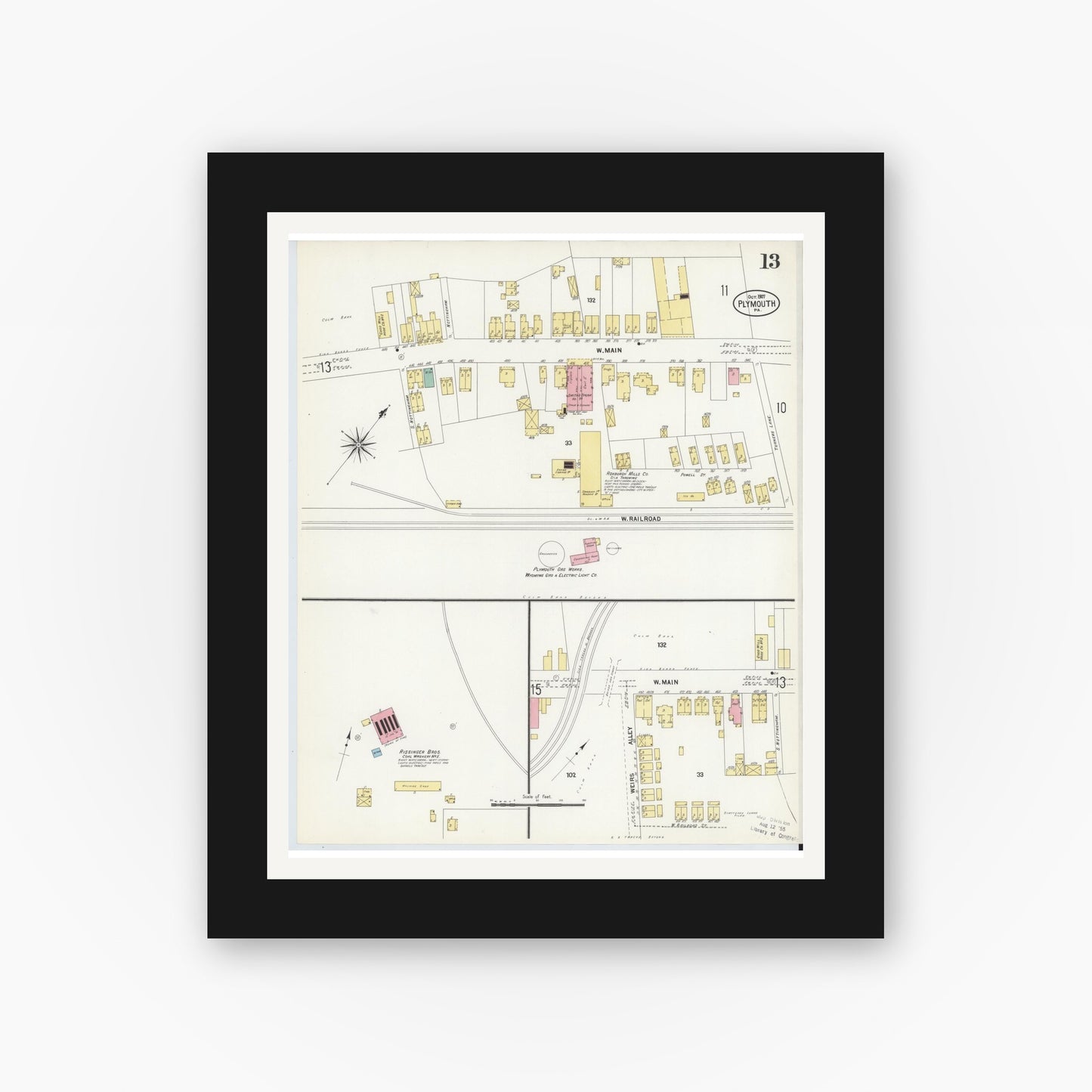 Old map wall art mockup — black gallery frame with white mat — Sanborn Fire Insurance Map from Plymouth, Luzerne County, Pennsylvania (1907), Sheet #0013