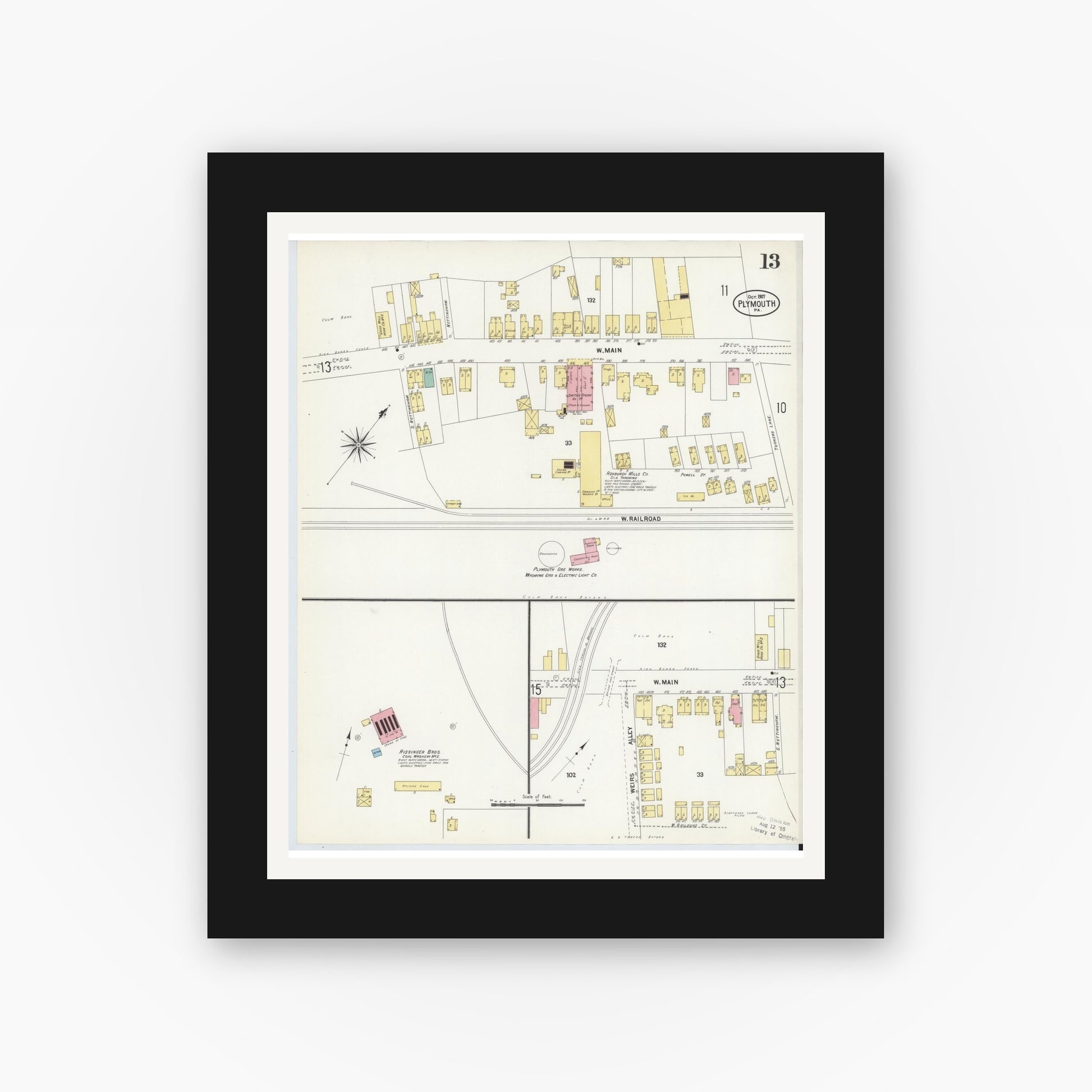 Old map wall art mockup — black gallery frame with white mat — Sanborn Fire Insurance Map from Plymouth, Luzerne County, Pennsylvania (1907), Sheet #0013