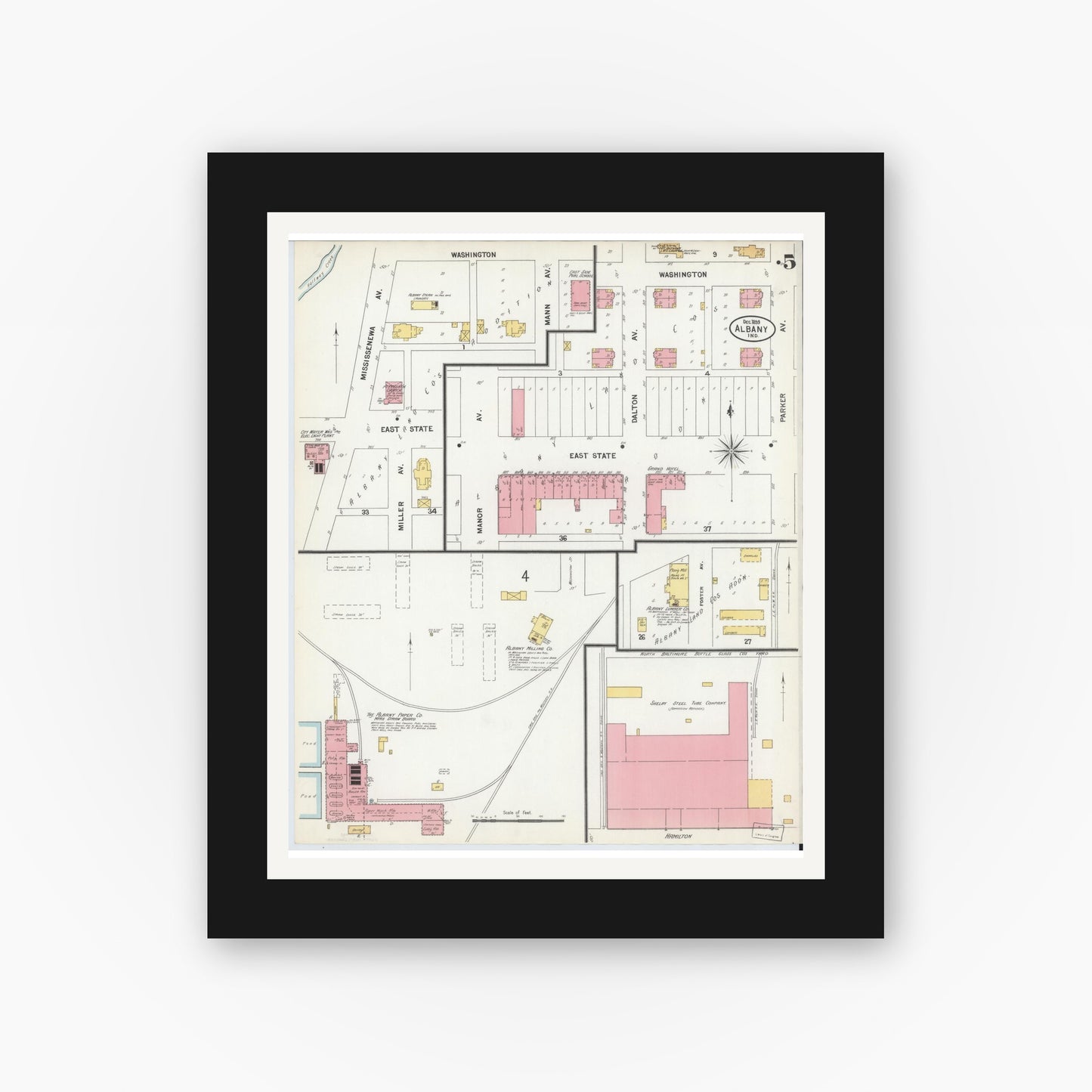 Old map wall art mockup — black gallery frame with white mat — Sanborn Fire Insurance Map from Albany, Delaware County, Indiana (1899), Sheet #0005