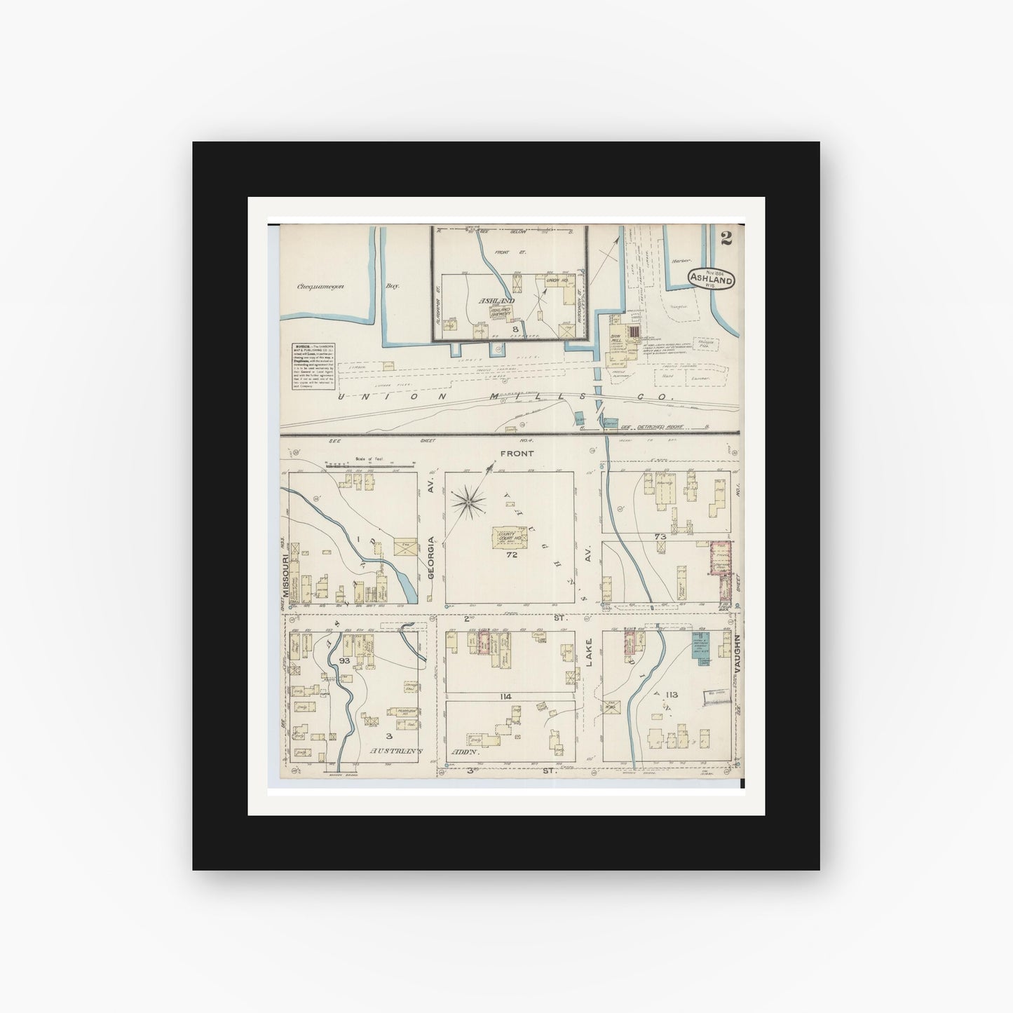 Old map wall art mockup — black gallery frame with white mat — Sanborn Fire Insurance Map from Ashland, Ashland County, Wisconsin (1884), Sheet #0002