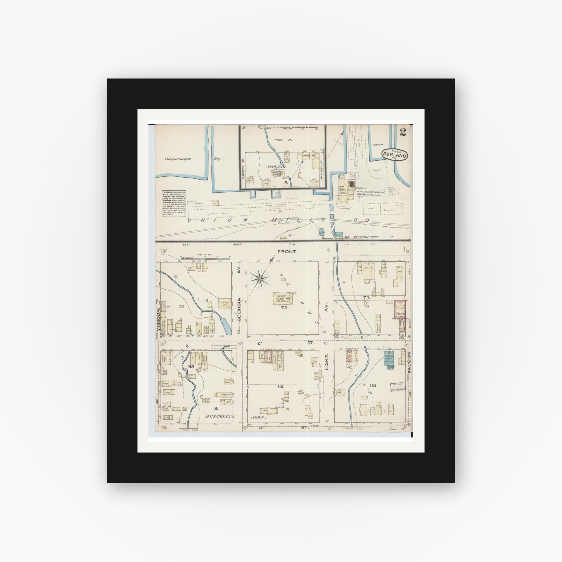 Old map wall art mockup — black gallery frame with white mat — Sanborn Fire Insurance Map from Ashland, Ashland County, Wisconsin (1884), Sheet #0002