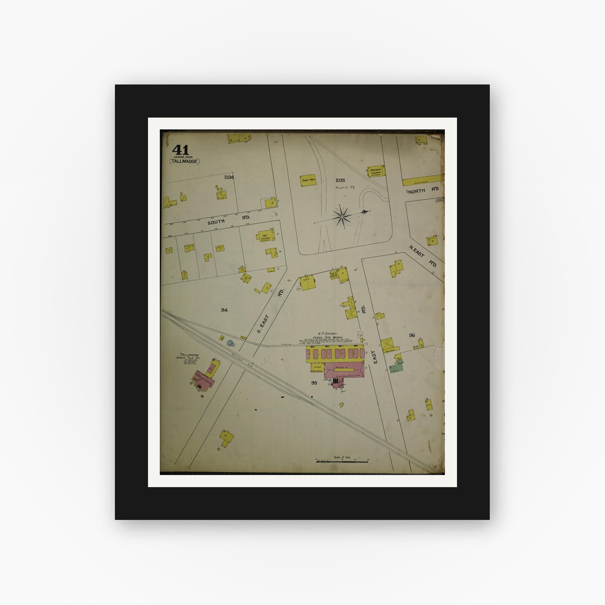 Old map wall art mockup — black gallery frame with white mat — Sanborn Fire Insurance Map from Akron, Summit County, Ohio (1892), Sheet #0041